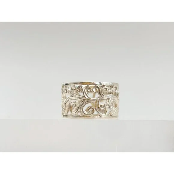 Ornate Cutout Floral Straight Chunky 925 Sterling Silver Vintage Ring - sz 6 - Picture 3 of 11
